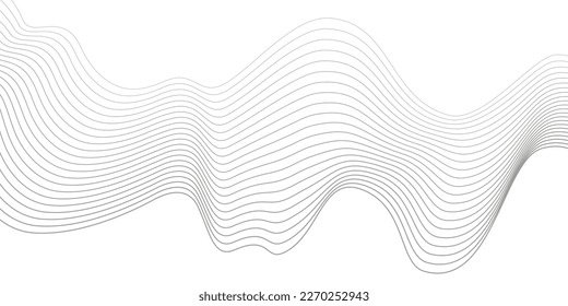 Giro ondulado de onda gris, onda de sonido de frecuencia, líneas de curva retorcidas con efecto de mezcla. Tecnología, ciencia de datos, frontera geométrica. Aislado sobre fondo blanco. Ilustración vectorial.