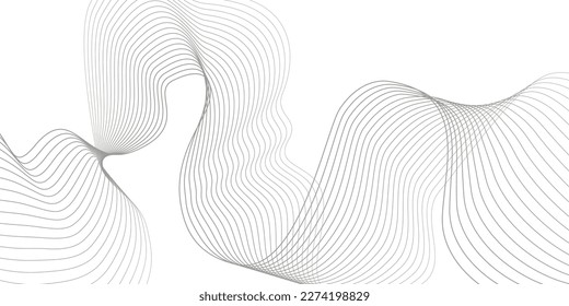 Grauer Wellenwirl, Frequenzschallwelle, verdrehte Kurvenlinien mit Mischeffekt. Technik, Datenwissenschaft, geometrische Grenzen. Einzeln auf weißem Hintergrund. Vektorgrafik.