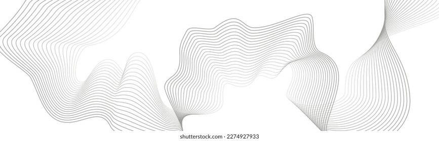 Grauer Wellenwirl, Frequenzschallwelle, verdrehte Kurvenlinien mit Mischeffekt. Technik, Datenwissenschaft, geometrische Grenzen. Einzeln auf weißem Hintergrund. Vektorgrafik.