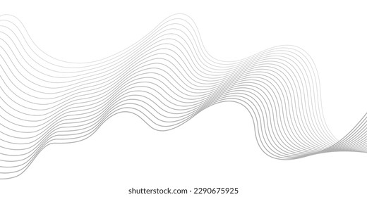 Giro ondulado de onda gris, onda de sonido de frecuencia, líneas de curva retorcidas con efecto de mezcla. Tecnología, ciencia de datos, frontera geométrica. Aislado sobre fondo blanco. Ilustración vectorial.