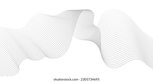 Grauer Wellen-Swirl, Frequenzschallwelle, verdrehte Kurvenlinien mit Mischeffekt. Technik, Datenwissenschaft, geometrische Grenzen. Einzeln auf weißem Hintergrund. Vektorgrafik.