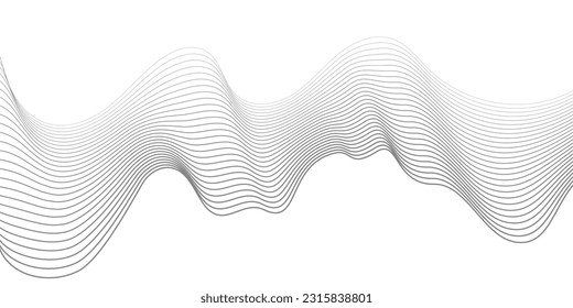 Grauer Wellenwirl, Frequenzschallwelle, verdrehte Kurvenlinien mit Mischeffekt. Technik, Datenwissenschaft, geometrisches Grenzmuster. Einzeln auf weißem Hintergrund. Vektorgrafik.