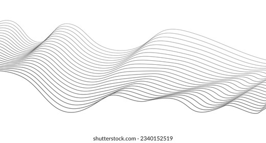 Giro ondulado de onda gris, onda de sonido de frecuencia, líneas de curva retorcidas con efecto de mezcla. Tecnología, ciencia de datos, frontera geométrica. Aislado sobre fondo blanco. Ilustración vectorial.