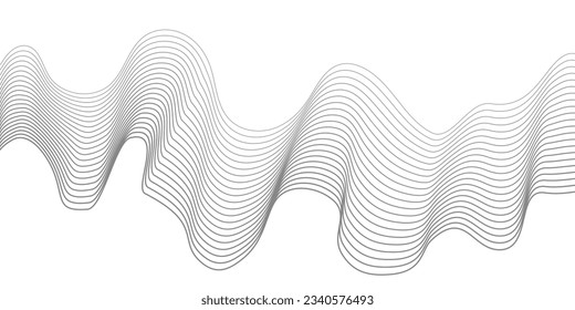 Giro ondulado de onda gris, onda de sonido de frecuencia, líneas de curva retorcidas con efecto de mezcla. Tecnología, ciencia de datos, frontera geométrica. Aislado sobre fondo blanco. Ilustración vectorial.