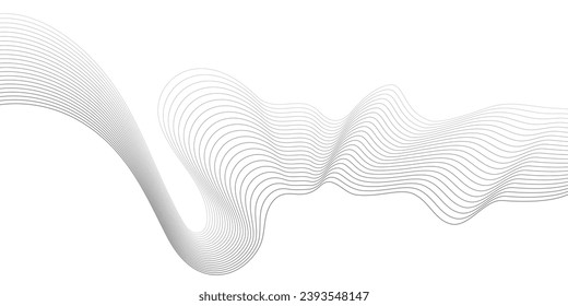 Undulate Grey Wave Swirl, frequency sound wave, twisted curve lines with blend effect. Technology, data science, geometric border. Isolated on white background. Vector illustration.