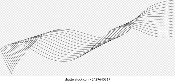 Undulate Grey Wave Swirl, frequency sound wave, twisted curve lines with blend effect. Technology, data science, geometric border. Isolated on white background. Vector illustration.