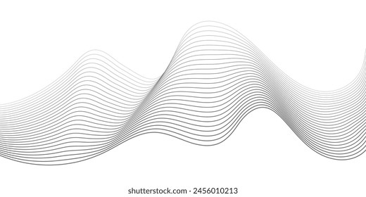 Undulate Grey Wave Swirl, frequency sound wave, twisted curve lines with blend effect. Technology, data science, geometric border. Isolated on white background. Vector illustration.
