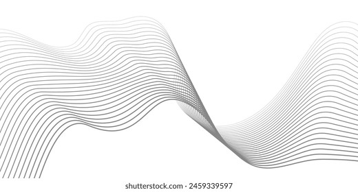 Undulate Grey Wave Swirl, frequency sound wave, twisted curve lines with blend effect. Technology, data science, geometric border. Isolated on white background. Vector illustration.