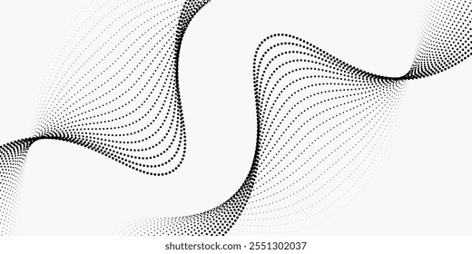 Undulate Gray Wave Swirl, Frequenz Schallwelle, verdrillte Kurven Linien mit Blend-Effekt. Technologie, Datenwissenschaft, geometrische Grenze. Einzeln auf Weiß 