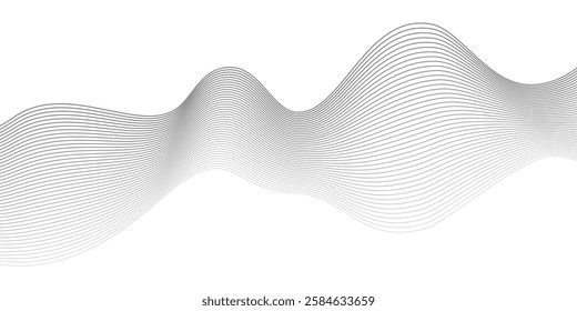 Undulate Grey Wave Swirl, frequency sound wave, twisted curve lines with blend effect. Technology, data science, geometric border. Isolated on white background. Vector illustration.