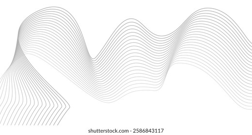 Undulate Grey Wave Swirl, frequency sound wave, twisted curve lines with blend effect. Technology, data science, geometric border. Isolated on white background. Vector illustration.
