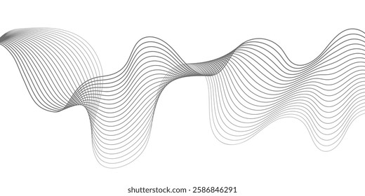Undulate Grey Wave Swirl, frequency sound wave, twisted curve lines with blend effect. Technology, data science, geometric border. Isolated on white background. Vector illustration.