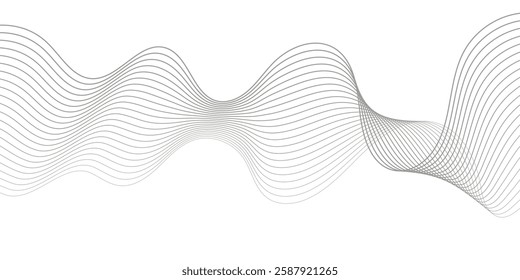 Undulate Grey Wave Swirl, frequency sound wave, twisted curve lines with blend effect. Technology, data science, geometric border. Isolated on white background. Vector illustration.