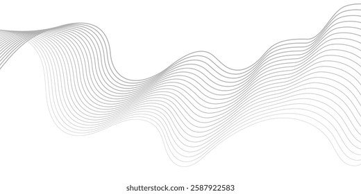 Undulate Grey Wave Swirl, frequency sound wave, twisted curve lines with blend effect. Technology, data science, geometric border. Isolated on white background. Vector illustration.