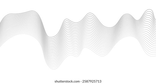 Undulate Grey Wave Swirl, frequency sound wave, twisted curve lines with blend effect. Technology, data science, geometric border. Isolated on white background. Vector illustration.