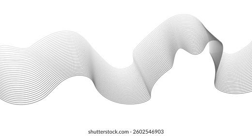 Undulate Grey Wave Swirl, frequency sound wave, twisted curve lines with blend effect. Technology, data science, geometric border. Isolated on white background. Vector illustration.