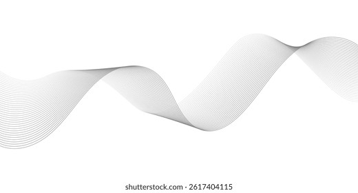 Undulate Grey Wave Swirl, frequency sound wave, twisted curve lines with blend effect. Technology, data science, geometric border. Isolated on white background. Vector illustration.