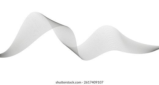 Undulate Grey Wave Swirl, frequency sound wave, twisted curve lines with blend effect. Technology, data science, geometric border. Isolated on white background. Vector illustration.