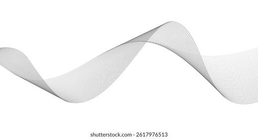 Undulate Grey Wave Swirl, frequency sound wave, twisted curve lines with blend effect. Technology, data science, geometric border. Isolated on white background. Vector illustration.