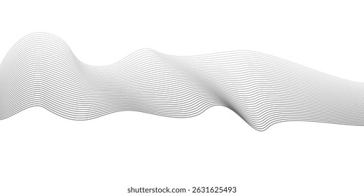 Undulate Grey Wave Swirl, frequency sound wave, twisted curve lines with blend effect. Technology, data science, geometric border. Isolated on white background. Vector illustration.
