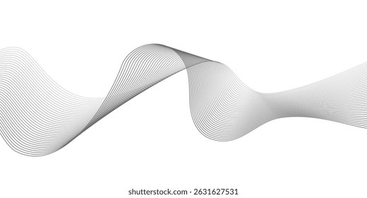 Undulate Grey Wave Swirl, frequency sound wave, twisted curve lines with blend effect. Technology, data science, geometric border. Isolated on white background. Vector illustration.