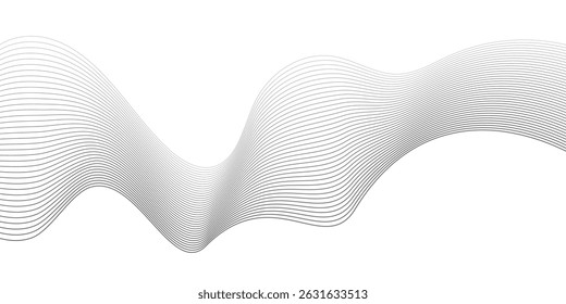 Undulate Grey Wave Swirl, frequency sound wave, twisted curve lines with blend effect. Technology, data science, geometric border. Isolated on white background. Vector illustration.