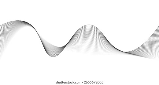 Onda gris ondulada, onda de sonido de frecuencia, líneas de curva trenzadas con efecto de mezcla. Tecnología, ciencia de datos, borde geométrico. Aislado en blanco 