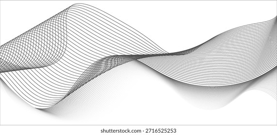 Onda gris ondulada, onda de sonido de frecuencia, líneas de curva trenzadas con efecto de mezcla. Tecnología, ciencia de datos, borde geométrico. Aislado en blanco 