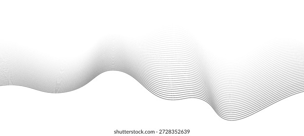 Undulate Grey Wave Swirl, frequency sound wave, twisted curve lines with blend effect. Technology, data science, geometric border. Isolated on white background. Vector illustration.