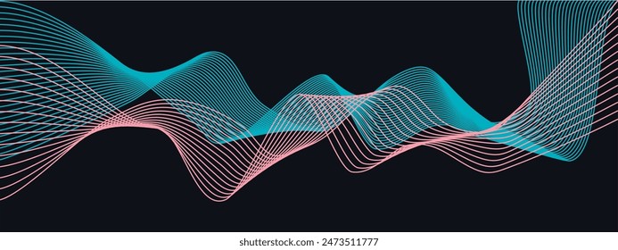 Undulate mint coral wave swirl. Twisted curve lines with blend effect. Banner, poster waves design of frequency soundwave, Technology background, vector geometric border . Isolated overlay png 