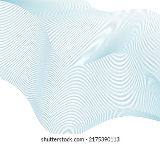 Undulate blue wave swirl, frequency sound wave, twisted curve lines with blend effect. Technology, data science, geometric border pattern. Isolated on white background. Vector illustration.