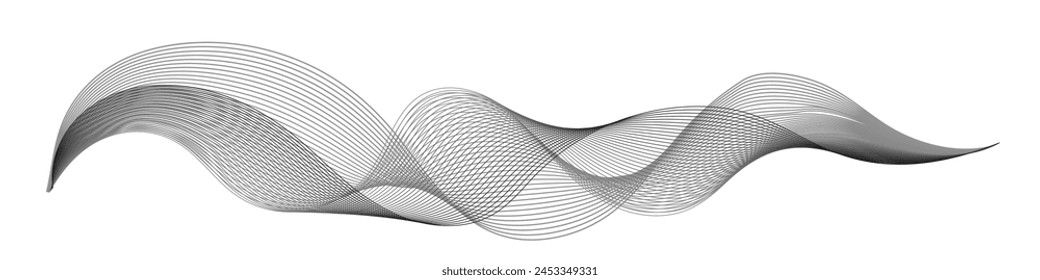 Undulate sound wave, swirl wavy swoosh, frequancy dynamic twisted lines. Grey smooth flow, isiolated on white background