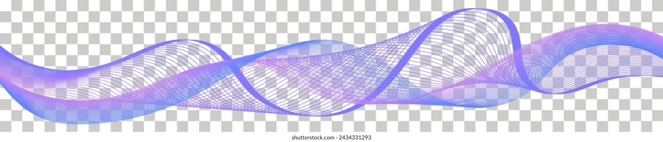 Undulate wave swirl swoosh. Dynamic soundwave; dynamic twisted line. Purple and blue soft nacre lavender color flow; air wind veil. Transparent isolated abstract twirl border curve Vector illustration