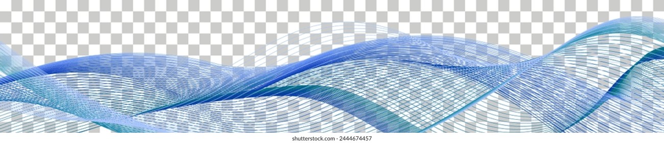 Undulate wave swirl swoosh, dynamic twisted lines, sea wave, abstract border, teal and blue color flow. Transparent isolated element on white background