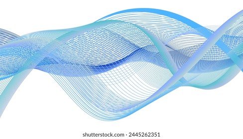 Undulate wave swirl swoosh, dynamic twisted lines, sea wave twirl, abstract border, teal and blue color flow, dynamic twisted lines. Transparent isolated element on white background