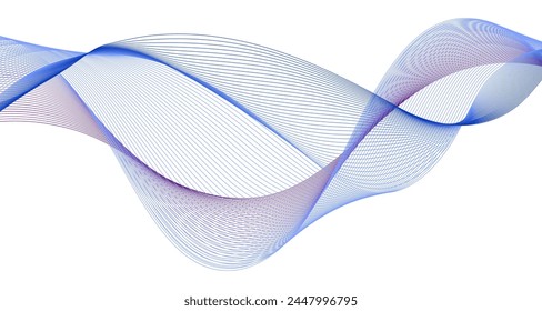 Undulate wave swirl swoosh. Dynamic soundwave, dynamic twisted line. Purple and blue soft nacre lavender color flow, air wind veil. Transparent isolated abstract twirl border. Vector illustration