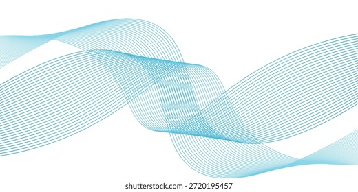 Undulate Wave Swirl Swoosh, dynamische verdrillte Linien, Musik-Soundwave, abstrakte Grenze, Teal und blau Farbe fließen. Transparentes, isoliertes Element auf weißem Hintergrund