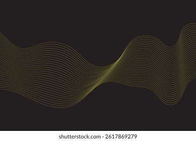 Undulate wave swirl swoosh, iridescent color flow. Smooth orange and yellow dynamic wavy curve lines. Modern trendy design element. Isolated on black background. Vector illustration