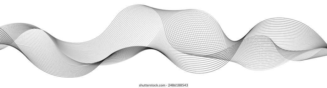 Undulate wave swirl swoosh. Soundwave frequency, dynamic twisted lines. Monochrome grey color flow, isolated border on white background