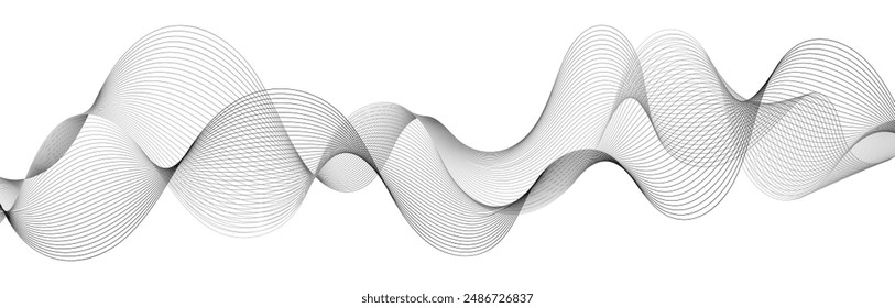 Wellenwirbel-Wellenrauschen. Schallwellenfrequenz, dynamische verdrillte Linien. Monochromer grauer Farbfluss, isolierter Rand auf weißem Hintergrund