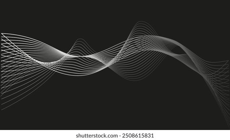 Linhas brancas não duladas com efeito de mesclagem. Tecnologia de bordas geométricas torcidas, ondas sonoras de frequência, ilustração vetorial de ciência de dados. Espiral de onda isolada no plano de fundo preto. eps