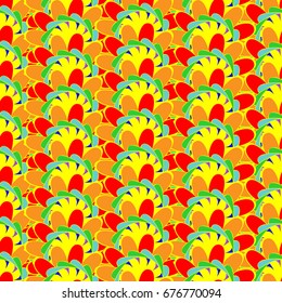 Undulated abstract seamless texture with overlapped abstract flowers. Dominant color is orange.