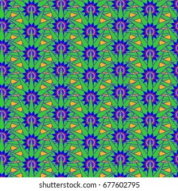 Undulated abstract seamless texture with overlapped abstract flowers on orange background. Dominant color is green.