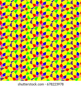 Undulated abstract seamless texture with overlapped abstract flowers. Dominant color is yellow.