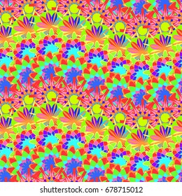 Undulated abstract seamless texture with overlapped abstract flowers. Dominant color is green.