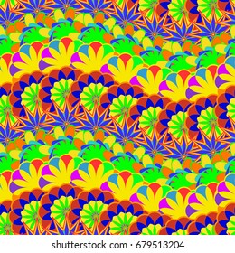 Undulated abstract seamless texture with overlapped abstract flowers.