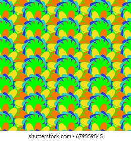 Undulated abstract seamless texture with overlapped abstract flowers. Dominant colors are green, yellow and orange.