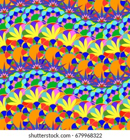 Undulated abstract seamless texture with overlapped abstract flowers.