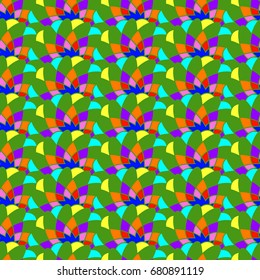 Undulated abstract seamless texture with overlapped abstract flowers. Dominant color is green.