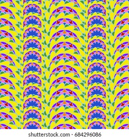 Undulated abstract seamless texture with overlapped abstract flowers. Dominant color is yellow.